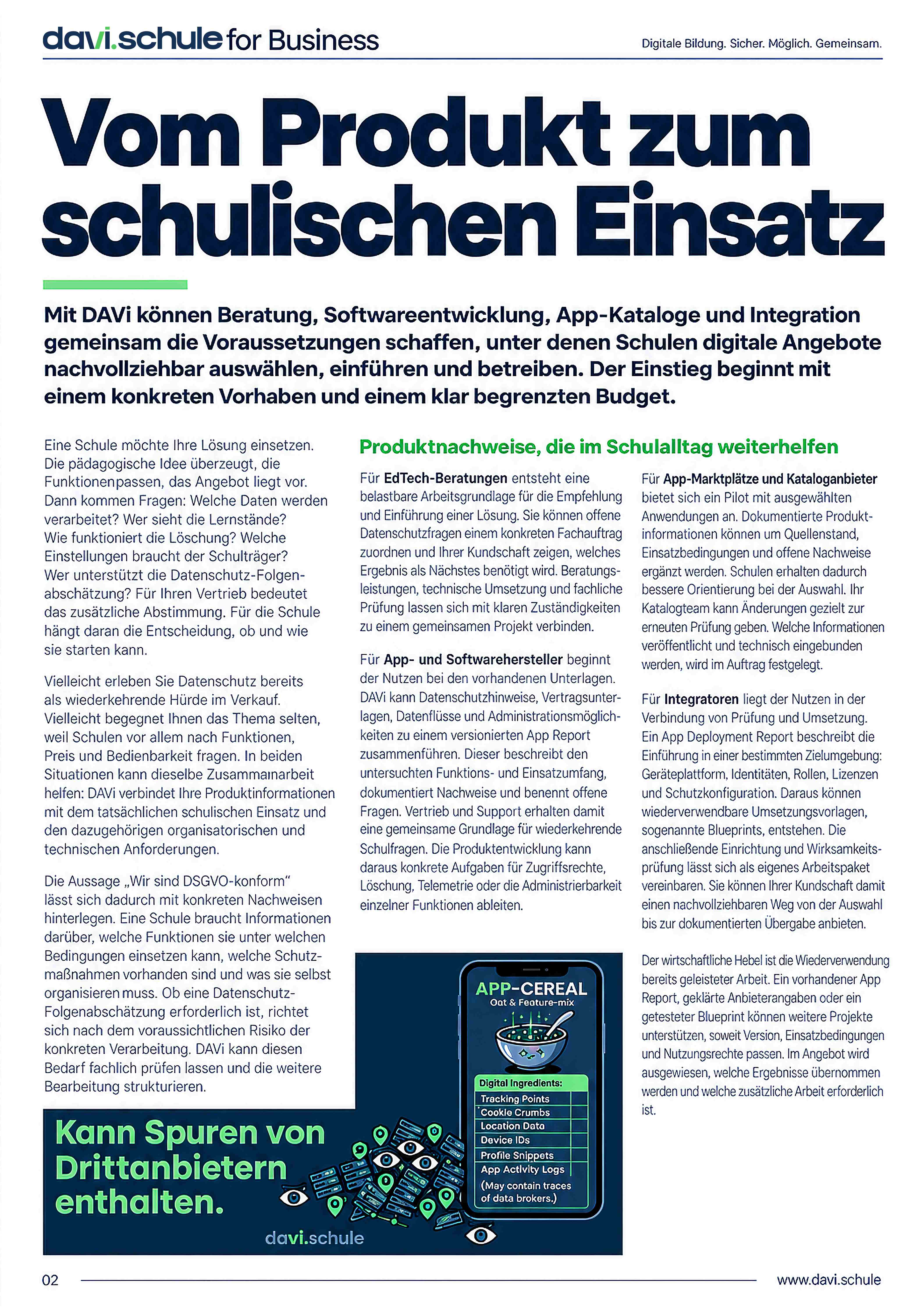 davi.schule for Business, Seite 2: Vom Produkt zum schulischen Einsatz. Produktnachweise für EdTech-Beratungen, App- und Softwarehersteller, App-Marktplätze und Integratoren, dazu die Grafik App-Cereal: Kann Spuren von Drittanbietern enthalten.